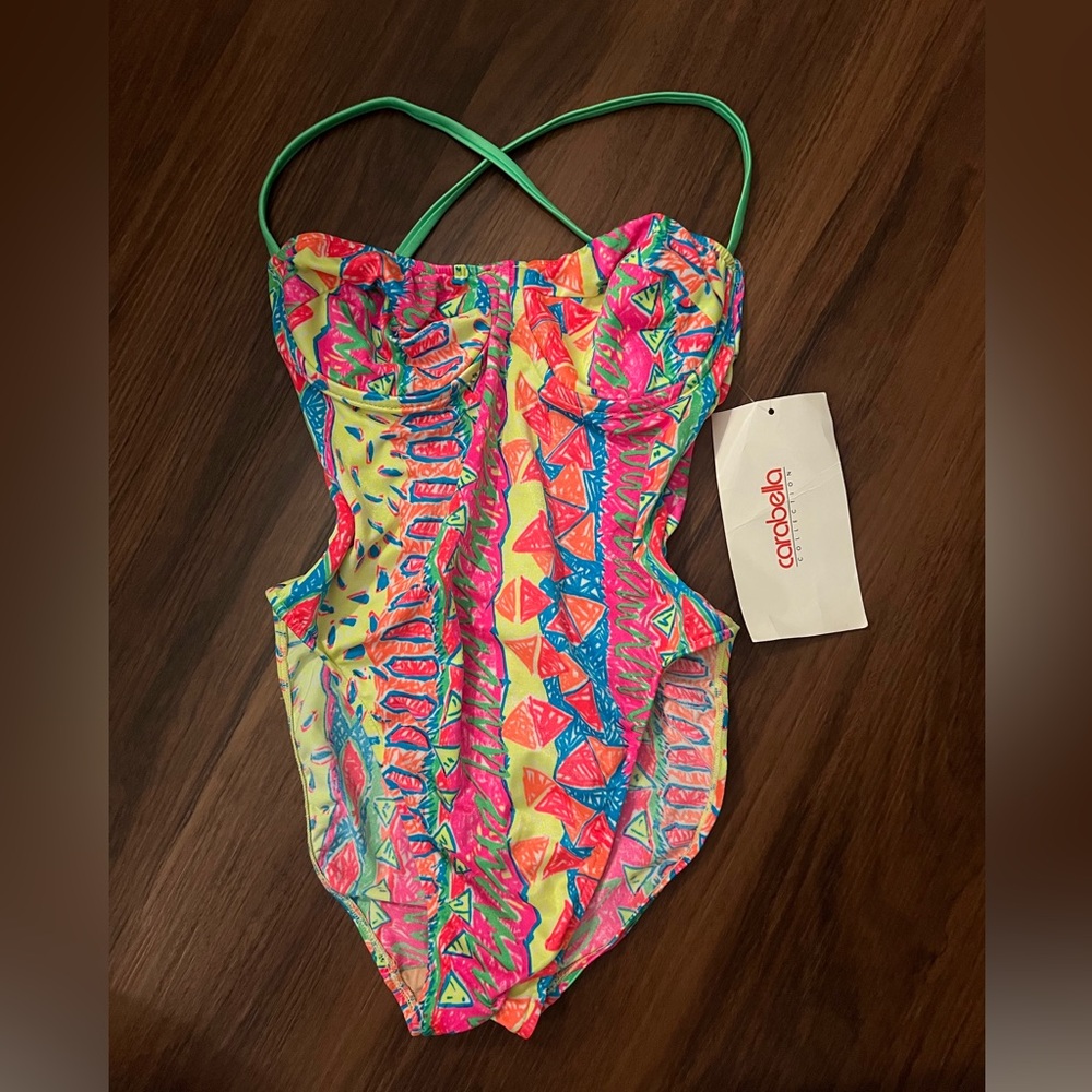 Vtg 90s Neon Colorful Sketched Geometric OnePiece Swimsuit Carabella Collection